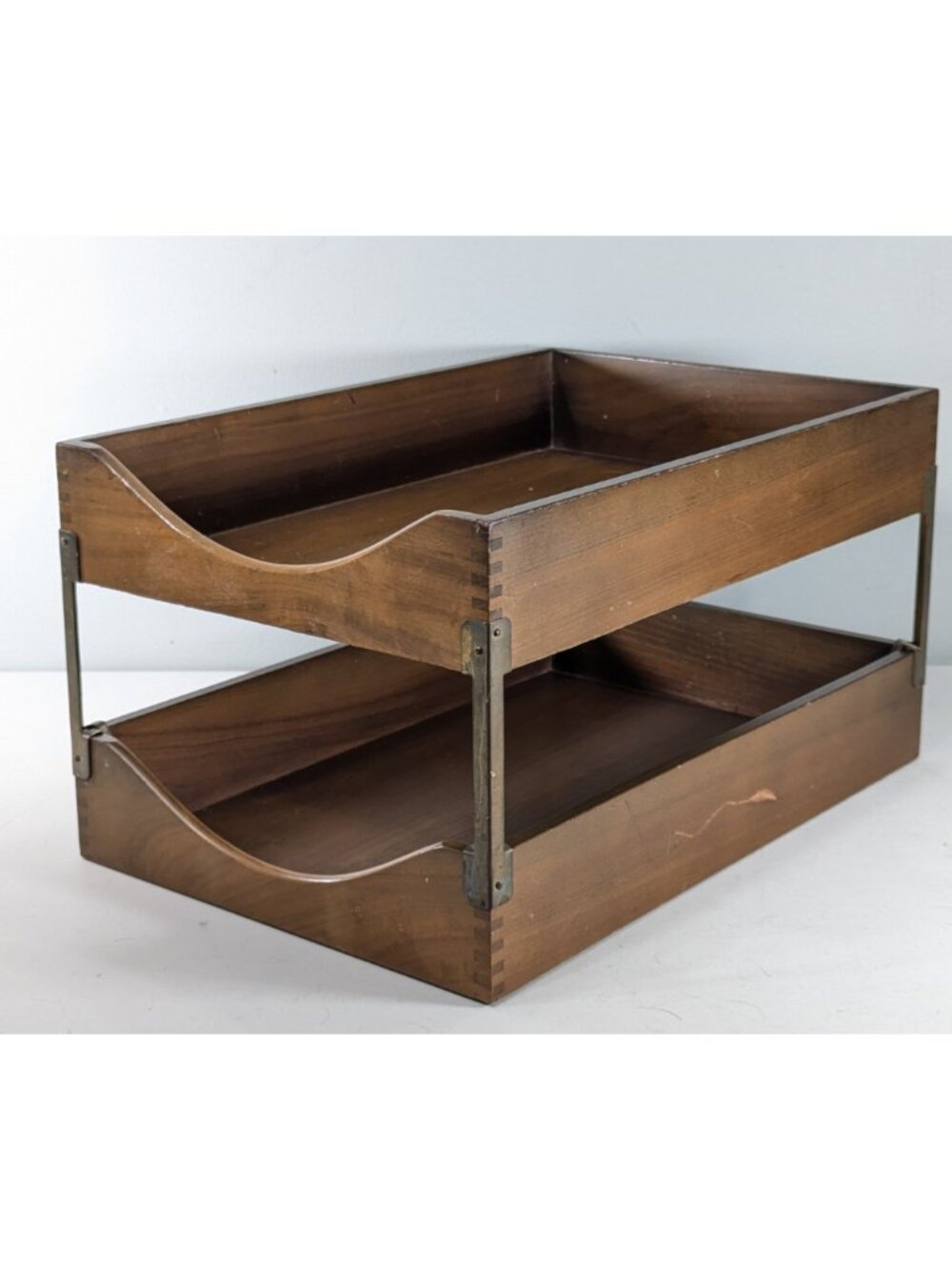 Vintage Legal paper size wooden letter tray, 2-tier dovetailed desk mail sorter